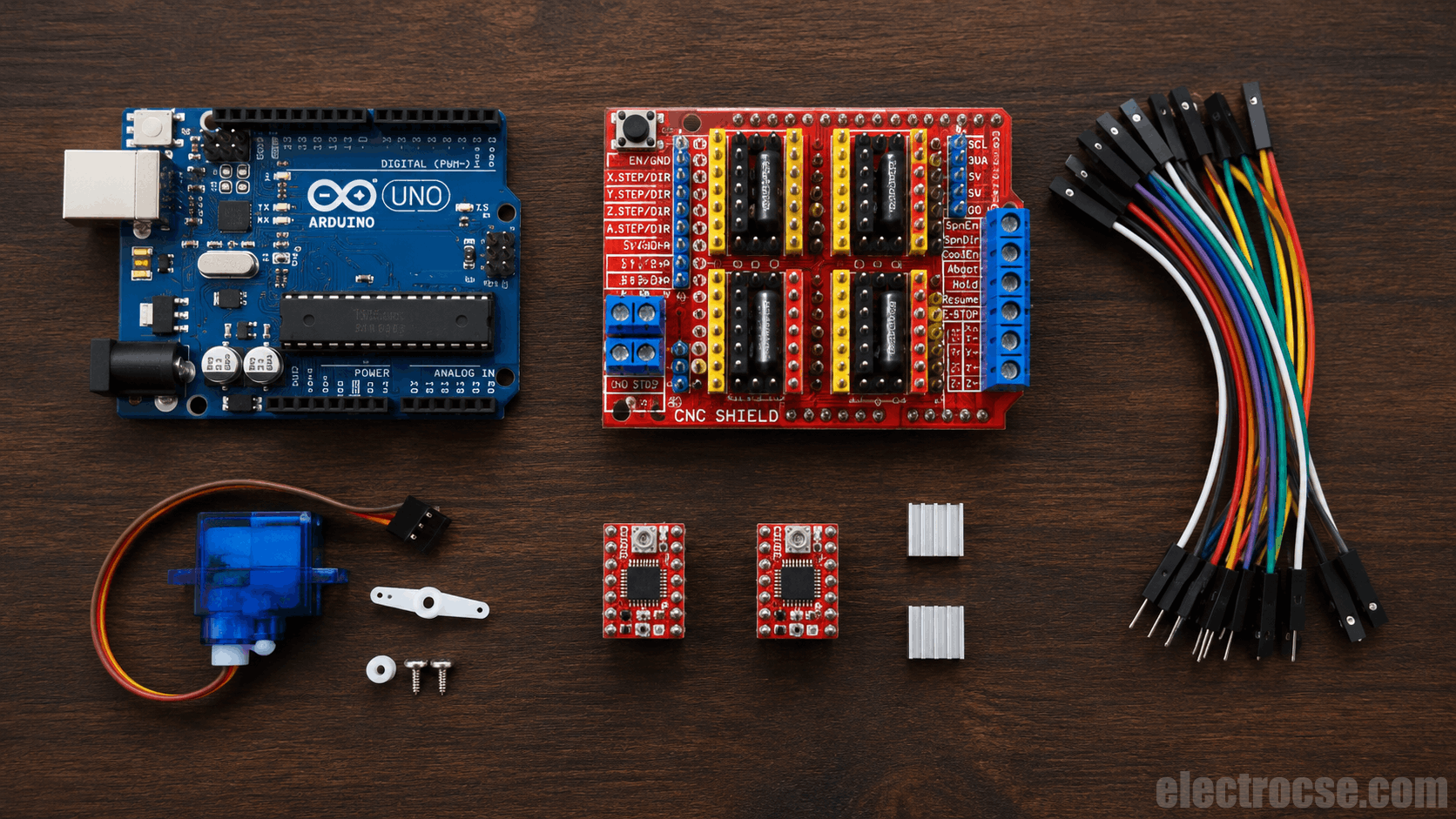 Arduino UNO, a red CNC shield V3, two A4988 stepper motor drivers